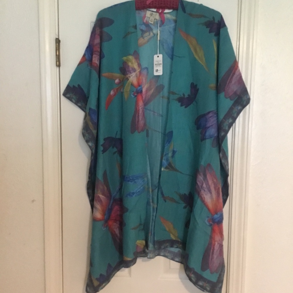 NWT JC Sunny Teal Dragonfly Floral Kimono Cover-Up